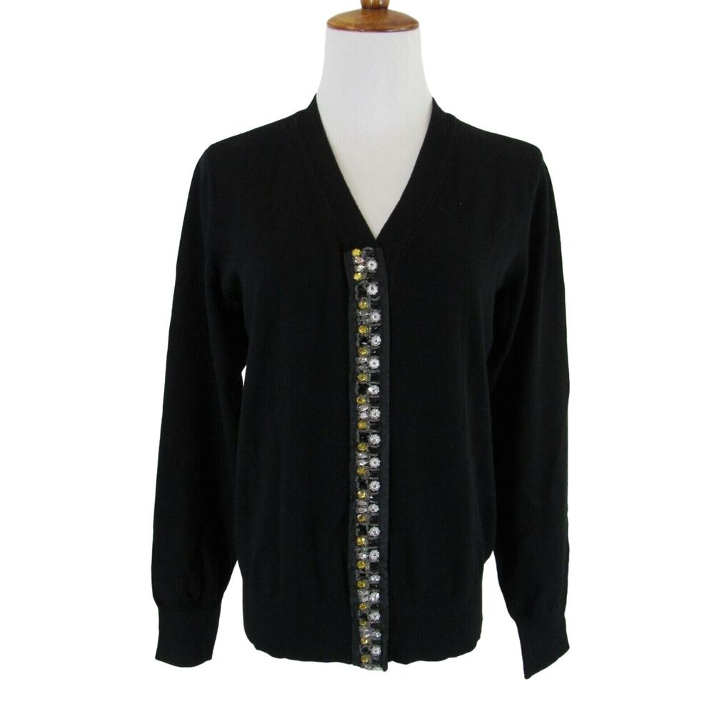 Chloe Dao Soft Cardigan Sweater Embellished Trim Loose Fit Black Sz XS  NWT